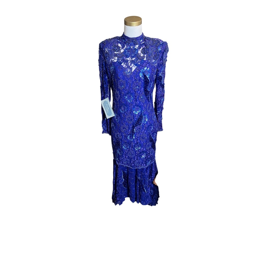 Judith Ann‎ Creations Vintage Royal Blue Beaded Sequin Lace Mermaid Gown Dress